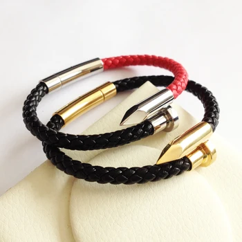 

Classic Men Black/Red Genuine Leather Nail Bracelet with 316L Stainless Steel Gold Nail Bracelets For Men Fit Brand Watch