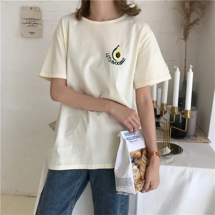 Loose Oversized Embroidery Fruit Letter Cute Sweet Casual Straight BF Tee Shirt Summer Korean 