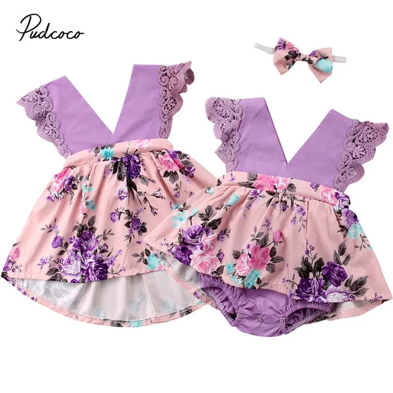 

2019 Brand Infant Kid Baby Girl Sister Matching Clothes Lace Floral Jumpsuit Romper Dress Outfit Summer Holiday Sundress 0-6Y