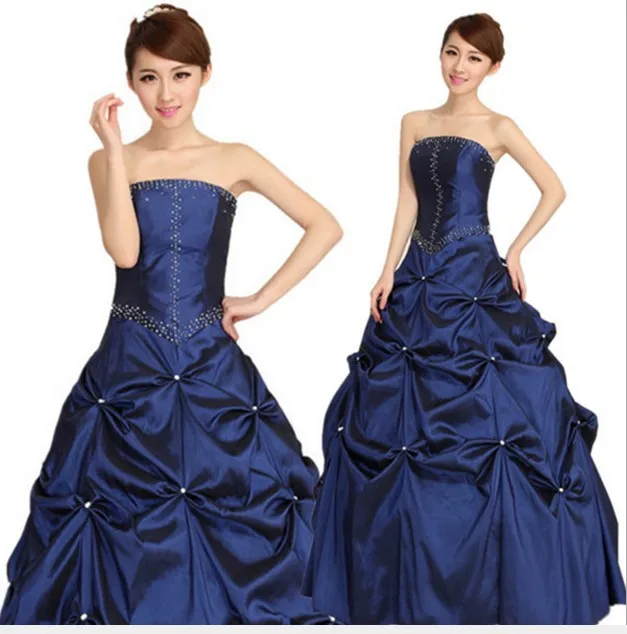 Sapphire Blue Pearl Pleated Elegant Lace Up Ball Gowns Wedding