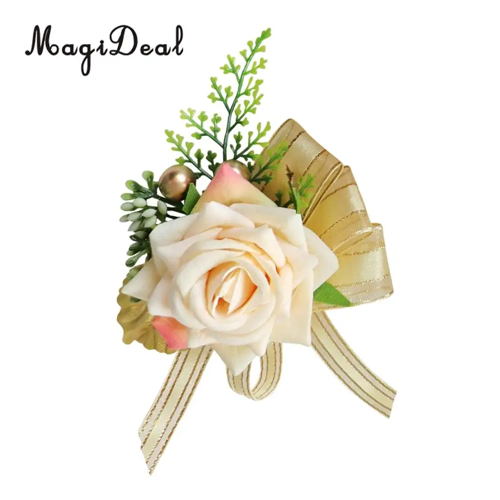 Romantic Artificial Rose Flower Pearls Wedding Corsage Boutonniere for Bridal Groom Fancy Dress