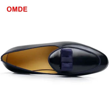 

OMDE Black Leather Men Loafer Shoes Handmade Bow Knot Slip On Dress Shoes Fashion Loafers Men Party And Wedding Shoes