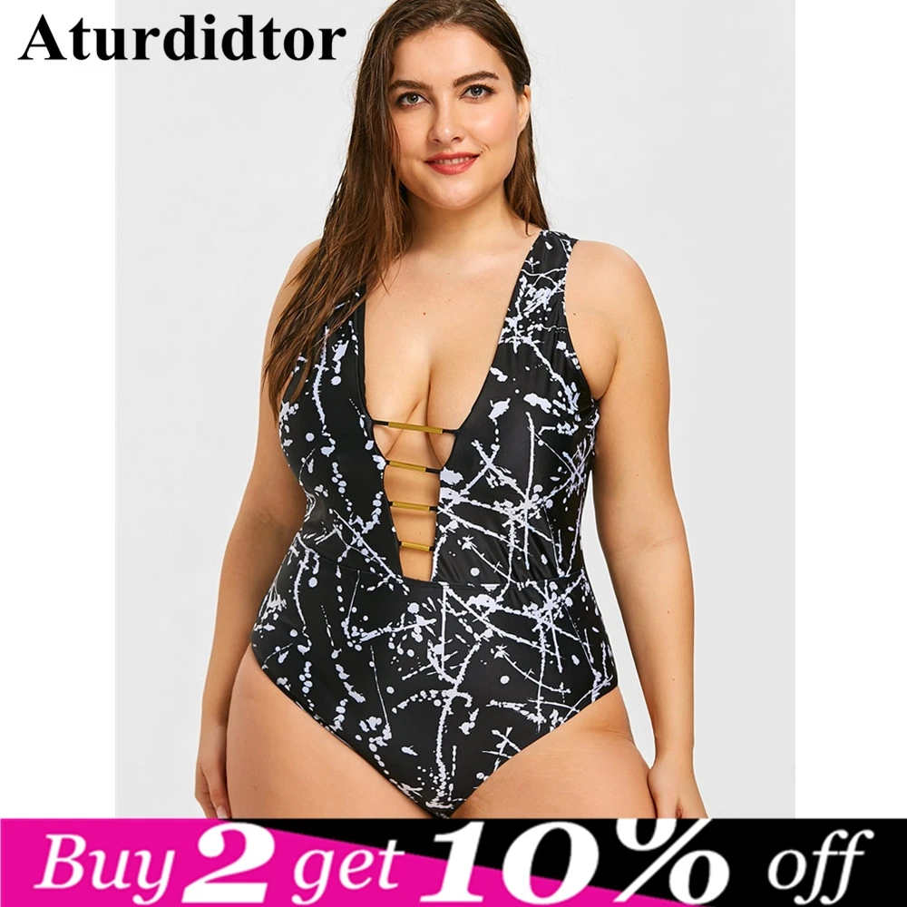 

Plus Size One Piece Swimsuit Plunge Cut Out Printed Bathing Suit Sexy Back Backless Large Size Hollow Out Swimwear Bodysuit 4XL
