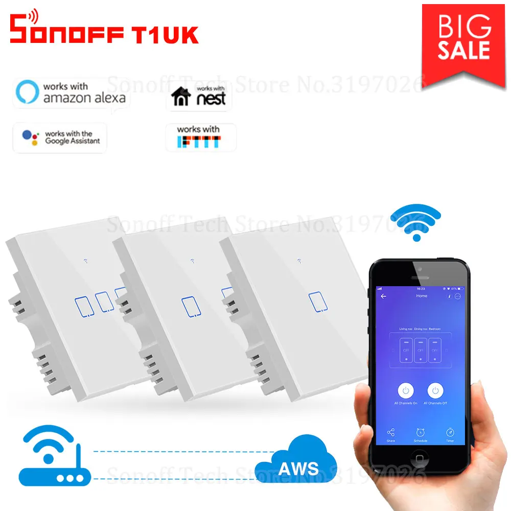 

Itead Sonoff T1UK 86 1/2/3 gang TX Series 433Mhz RF Controlled Wifi Touch Switch Support LAN Works With Alexa Google Home IFTTT