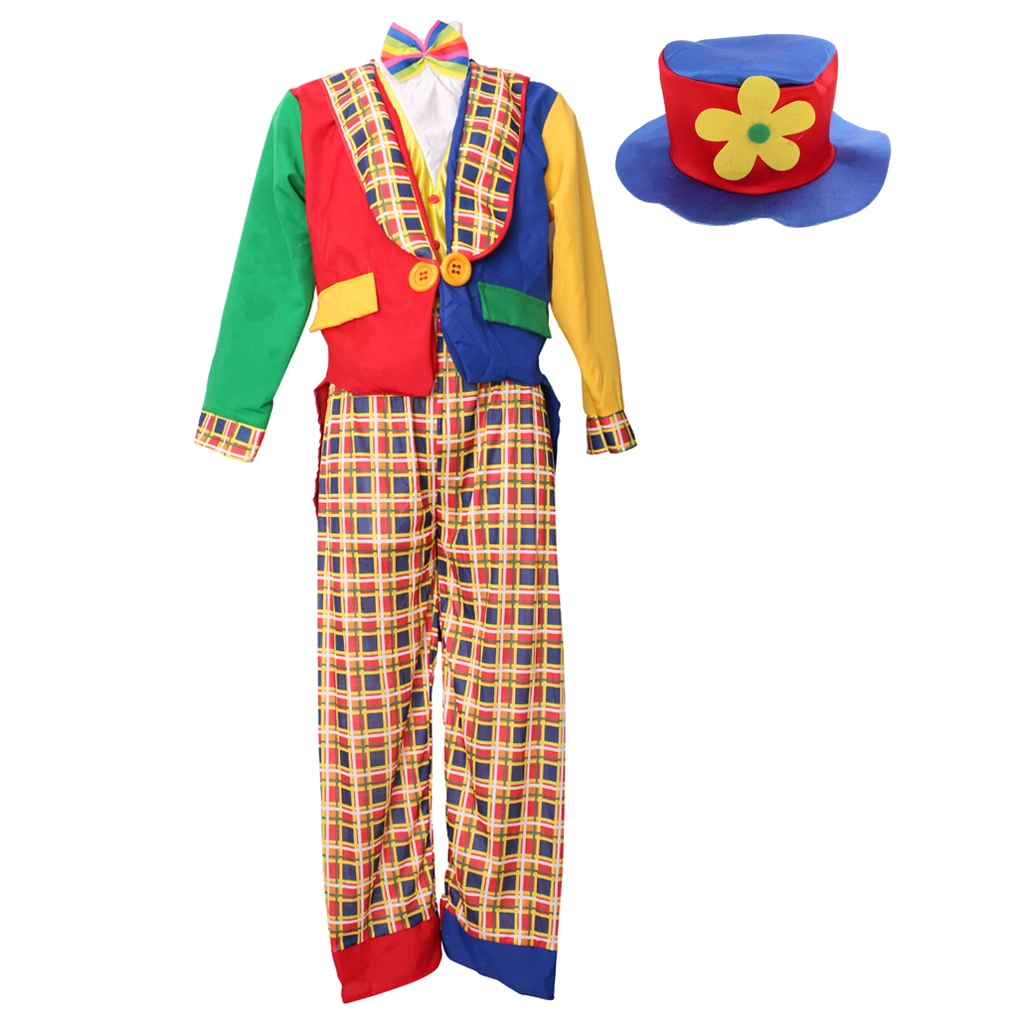 Circus Clown Costume Comedy Grids Adult Tops Coat Pant Hat Set Fancy Dress