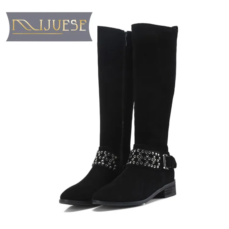 

MLJUESE 2018 women knee high boots Cow leather buckle strap Rivets Rome style winter warm fur short plush high boots size 34-43