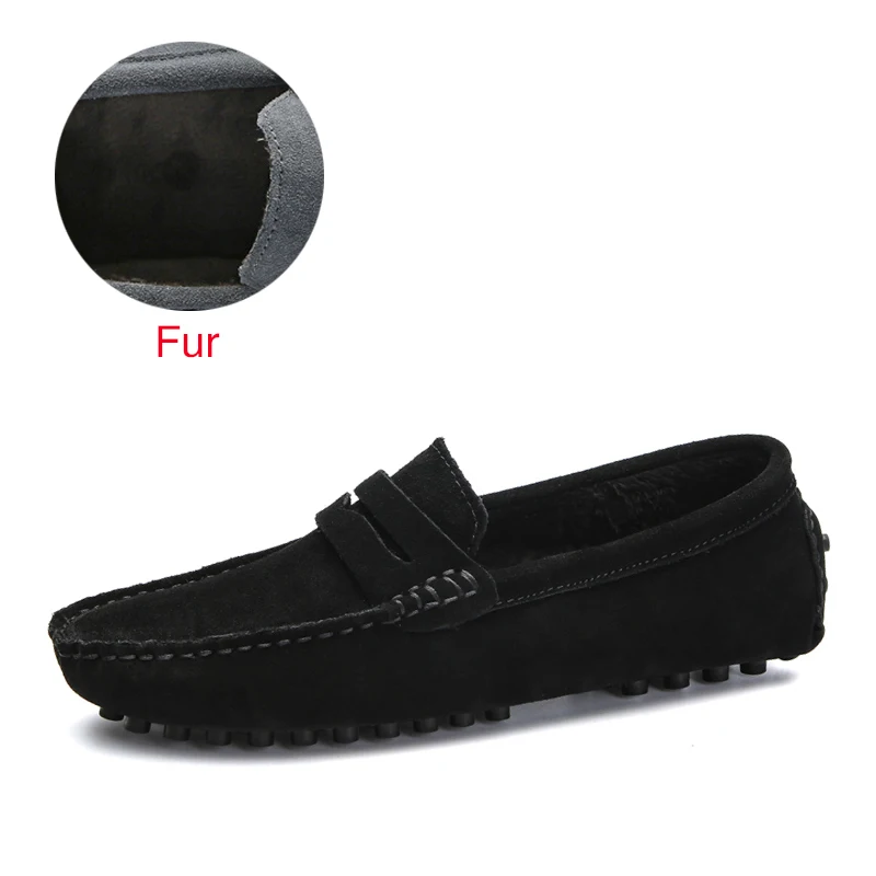 Shoes Men Loafers Soft Moccasins High Quality Autumn Winter Genuine Leather Shoes Men Warm Fur Plush Flats Gommino Driving Shoes - Цвет: Fur Black