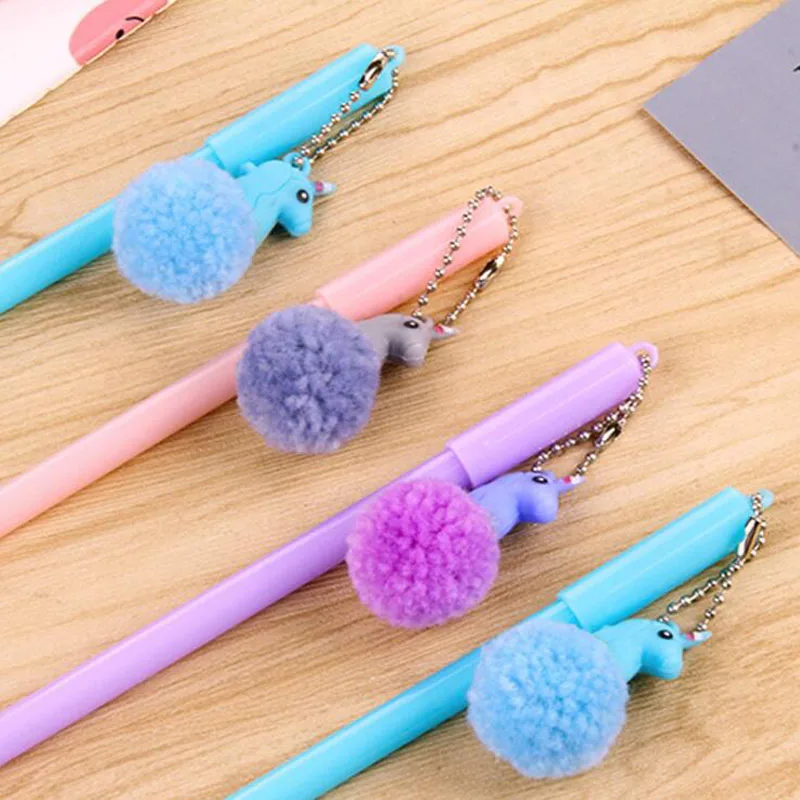 

1pc Cute Unicorn Plush Gel Pen Cartoon Office School Supplies Black Signature Pen Kawaii Pony Pendant Exam Pen Korean Stationery