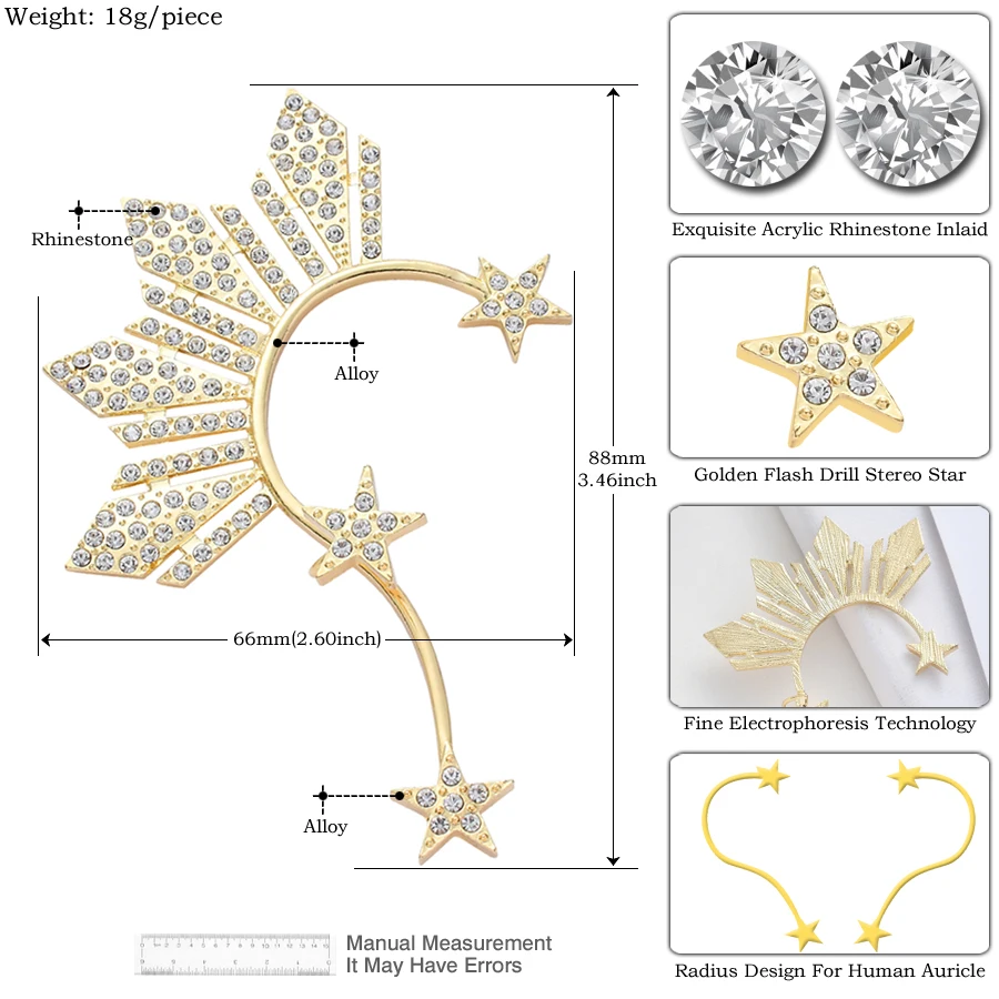 Lovely Golden Star Ear Clip on Earrings for Women Accessories Crystal Rhinestone Stars Big Ear Cuff Earring Fashion Jewelry Gift ear clip earrings clip earrings ear clip ear accessories