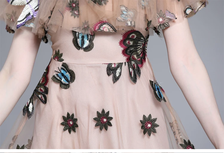 Летнее подиумное женское длинное платье с цветочной вышивкой и бабочками винтажное Прозрачное платье трапециевидной формы с рукавами-плащами Vestidos