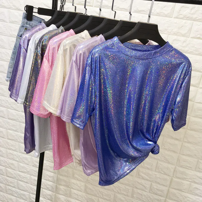 Летние Стильные яркие шелковые женские топы, блестящие свободные футболки с коротким рукавом, Сексуальные клубные женские футболки harajuku