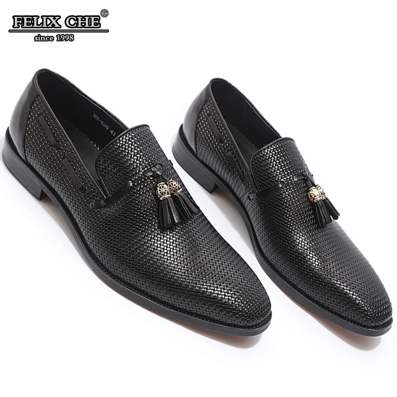 

LUXURY GENUINE LEATHER BLACK BLUE WOVEN PRINTS LEATHER SHOES MEN DRESS WEDDING SHOE SLIP ON POINTED TOE TASSEL LOAFER WORK SHOES