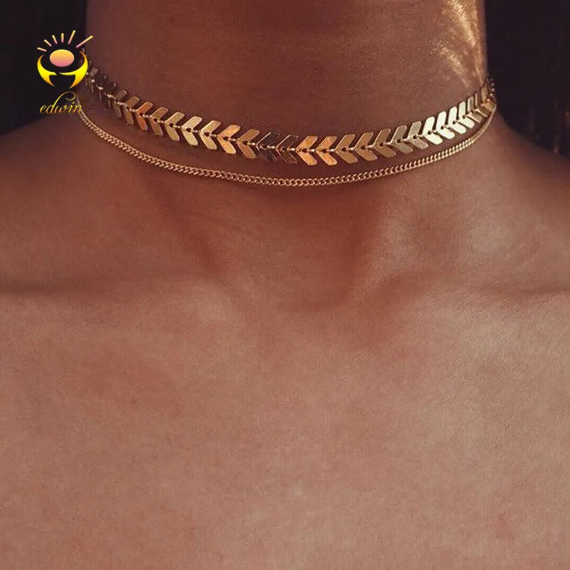 

Edwin 2018 New Sexy Choker Necklaces Fashion Fish Bone Chain New Hot Sequins Short Gold Jewelry Women Choker Necklace A047