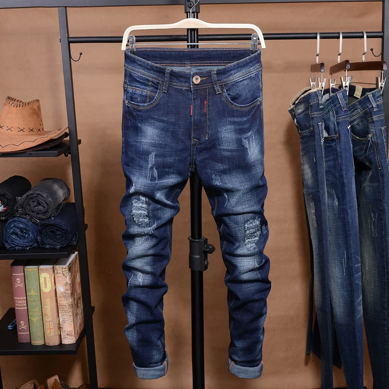 

2019 Men Stretchy Ripped Jeans Destroyed Hole skinny Taped Slim Fit Denim Scratched High Quality Jeans summer fashion male jeans