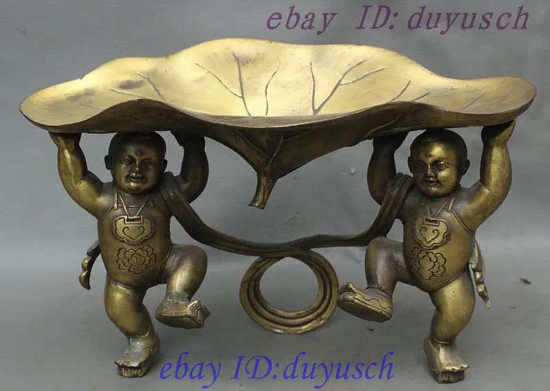 

10" Chinese Folk Bronze Sculpture 2 Boy TongZi Kid Hold Lotus Flower Statue Tray