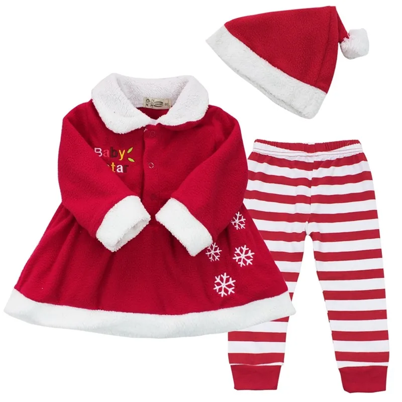 Зимнее платье для новорожденных и маленьких девочек, рождественский подарок, топ+ штаны в полоску+ шапочка, комплекты одежды для малышей, размеры 9-24 мес