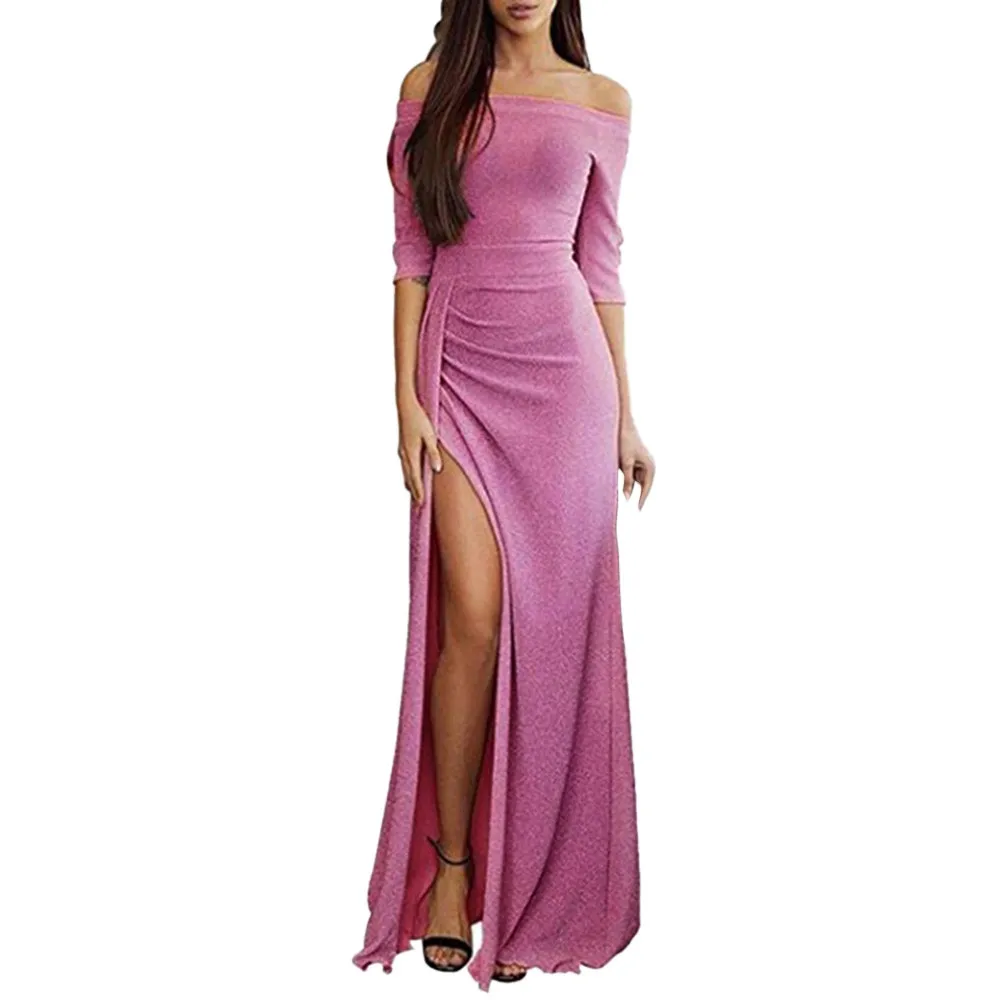 

Hot Sale New Fashionable Winter Women Sexy Off Shoulder Dresses Solid Color High Split Maxi Long Night Party Vestidos For Lady