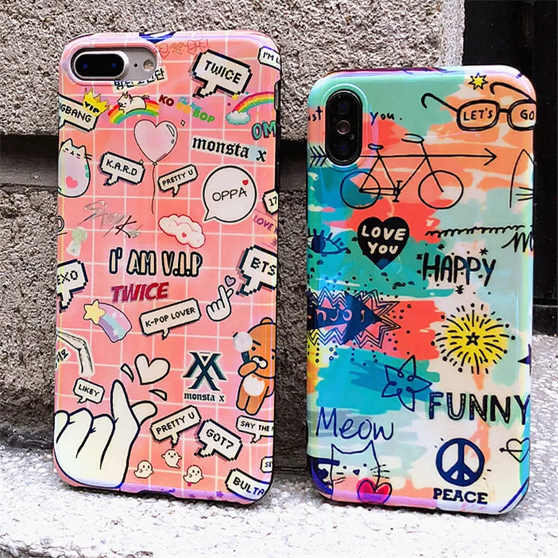 Blue light Graffiti Personality Fashion Phone Case For iPhone X 6 6S 7 8 Plus Cases Cute Cartoon Luxury Cover Funda | Мобильные