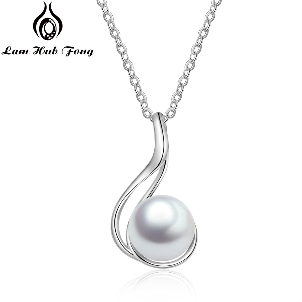 

Elegant 925 Sterling Silver Pearl Necklace Charm Necklace Curved Pendant Long Statement Jewelry Gift for Women (Lam Hub Fong)