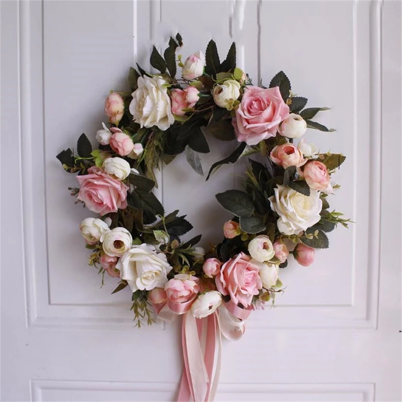 Pink Rose Peony 35cm Artificial Flower Garland Silk Flower Wreath Door