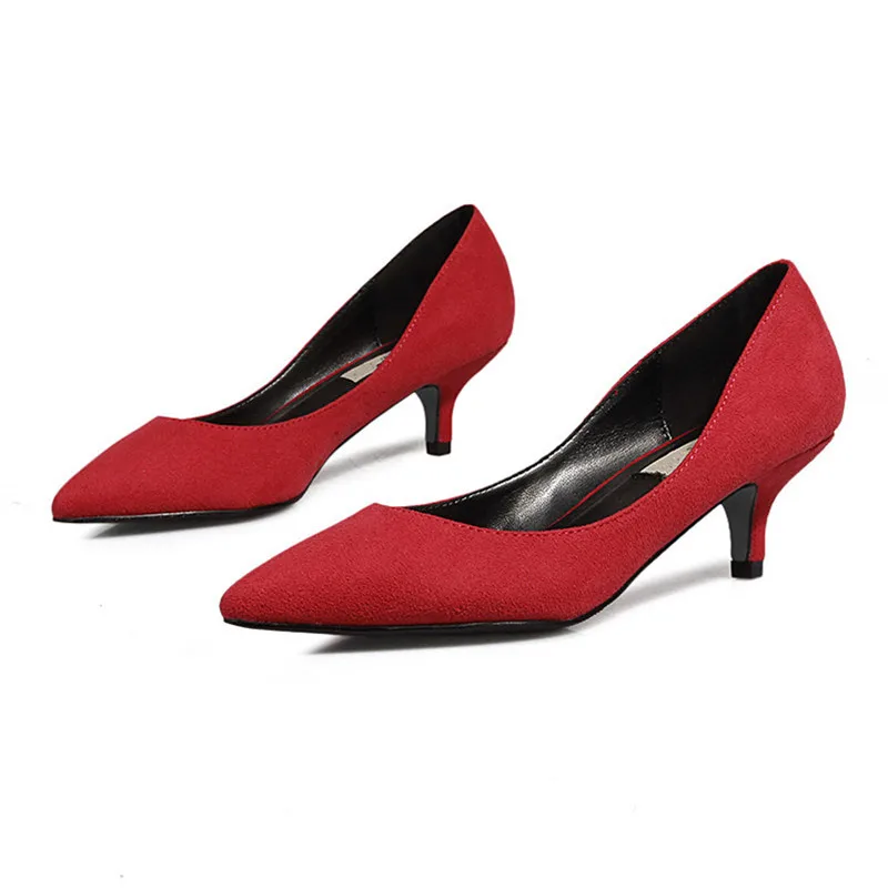 Рабочая обувь из флока 5 см серого цвета Женская офисная обувь без шнуровки с острым носком модная женская свадебная обувь K-226 - Цвет: Красный