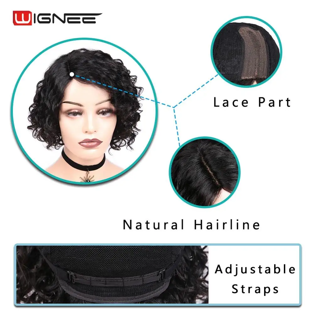 Wignee Short Human Hair Wigs For Black Women Jerry Curl Peruvian Remy Hair Wigs 3 Colors 1B#/30#/99J Natural Glueless Curly Wigs