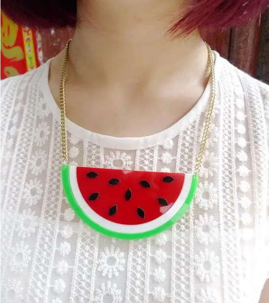 

Fashion Personality Club Jewelry Accessories Gold Metal Chain Half Watermelon Acrylic Pendant Hiphop Necklace