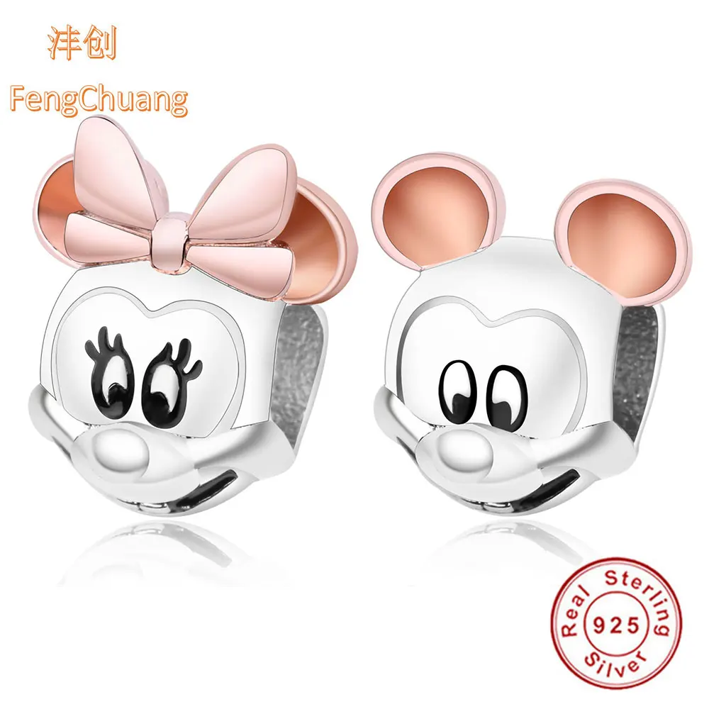 

New 925 Sterling Silver Bead Charm Rose Gold Ear Mickey Minnie Portrait Beads Fit Original Pandora Charms Bracelet Diy Jewelry