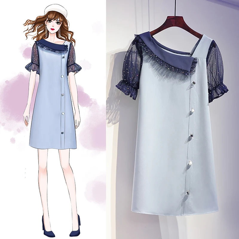 

Summer korean elegant a line dress women sequined mesh puff short sleeve lapel ruffles chiffon dresses female oversize vestidos