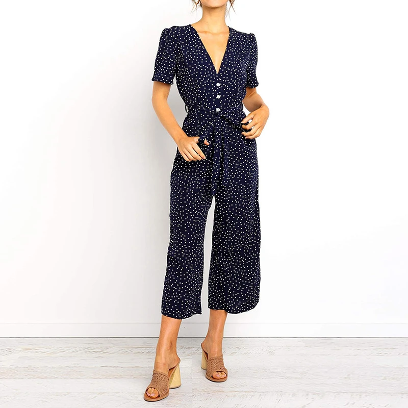 

2019 Summer Jumpsuit Women Boho Style Polka Dot Beach Romper Casual Short Sleeve V Neck Overalls Jumpsuits Salopette Femme S-XL