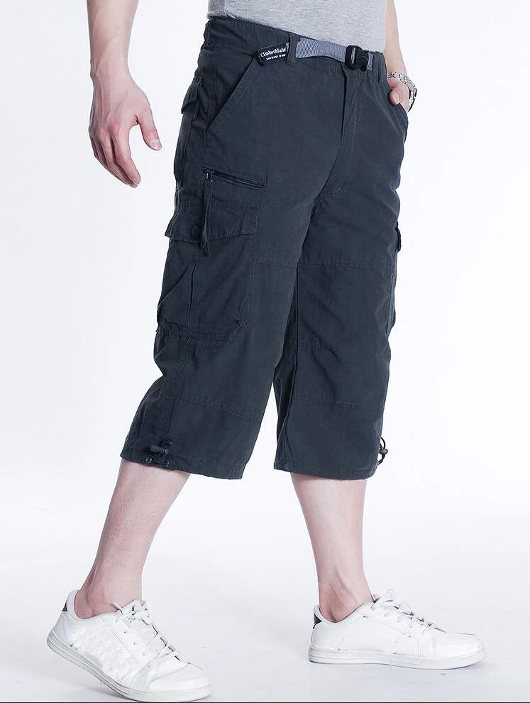 Летние мужские Хлопковые Бриджи с карманами на молнии, мужские повседневные стиль сафари, большие размеры 6XL 7XL, свободные черные шорты в