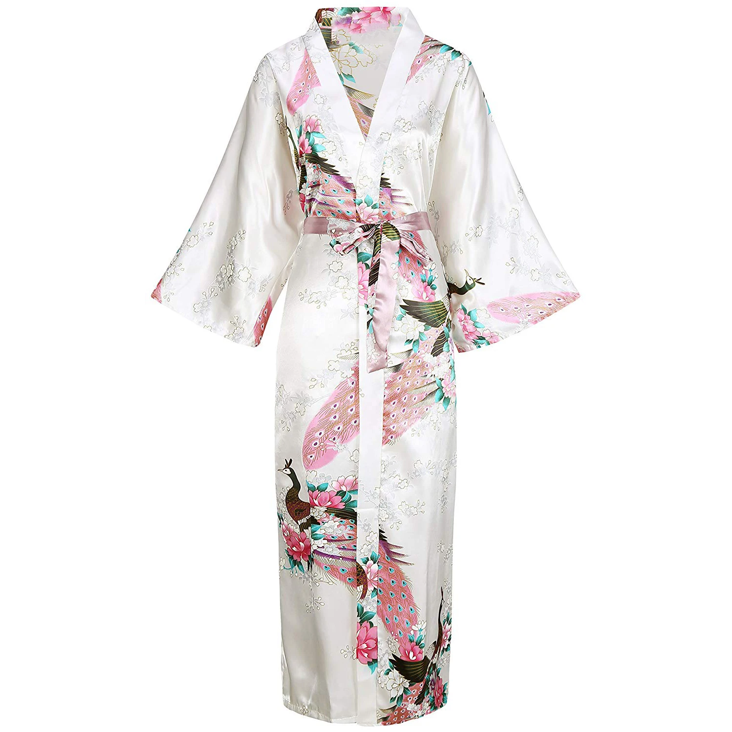 Gray Women Long Printed Robe Floral&PEACOCK Bride Bridesmaid Dressing Gown Rayon Sleepwear Leisure Kimono Bathrobe Wedding Gift