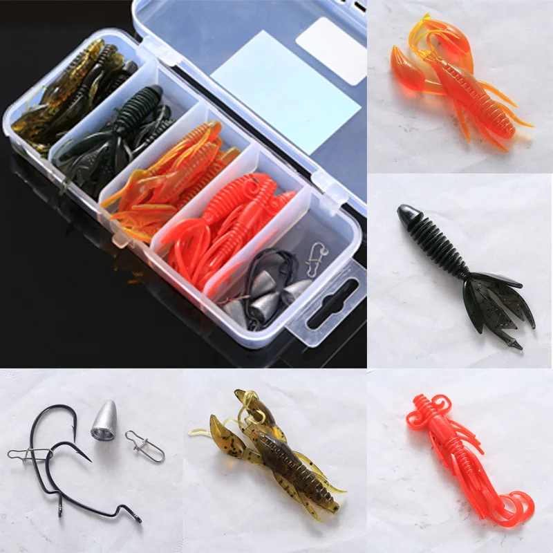 

28Pcs Soft Worms Lure Baits Set smell lure 4 Colors Fishhooks Equipment Silicone Popular kits durable Tool