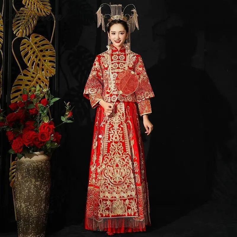 Новая красная плиссированная юбка Chinoise невесты длинное Cheongsam Современное женское традиционное китайское свадебное платье Ципао Восточное