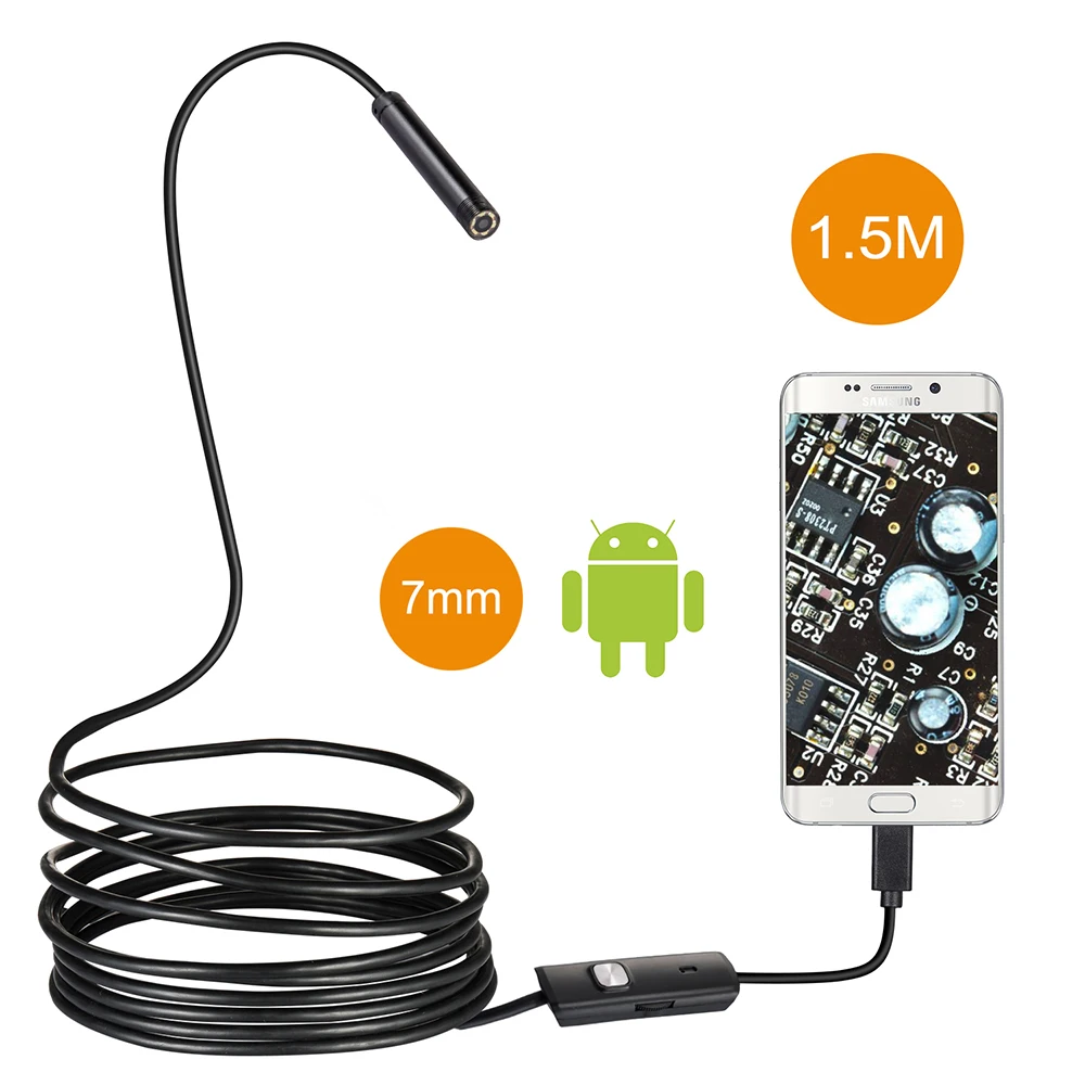 Водонепроницаемый эндоскоп с камерой кабелем 7 мм 1 м 2 5 6 светодиодов OTG USB Android