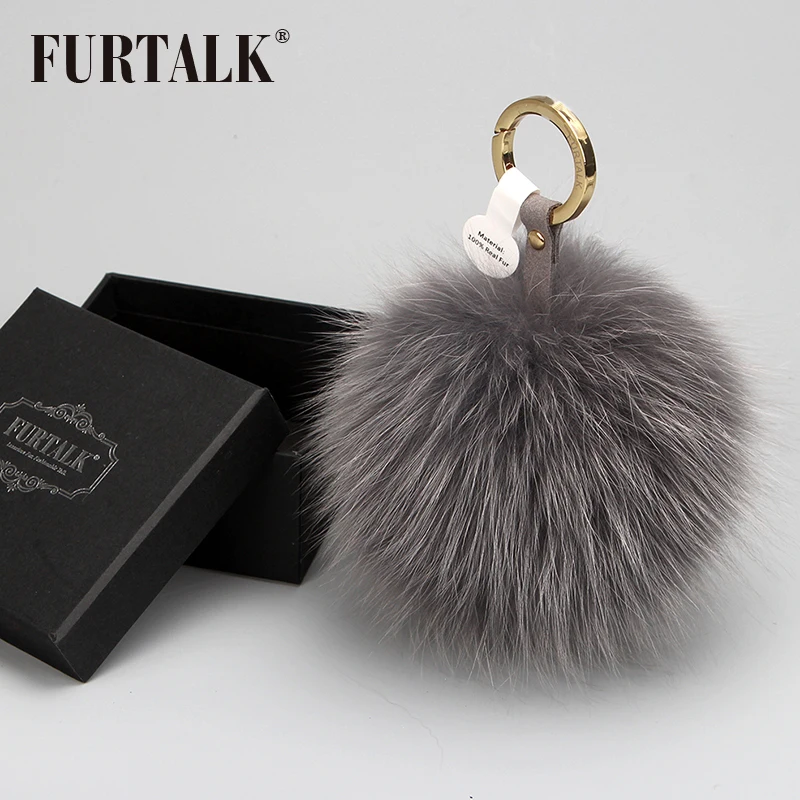 

FURTALK real fox fur pom pom keychain black white pink fur pompom keychain for car