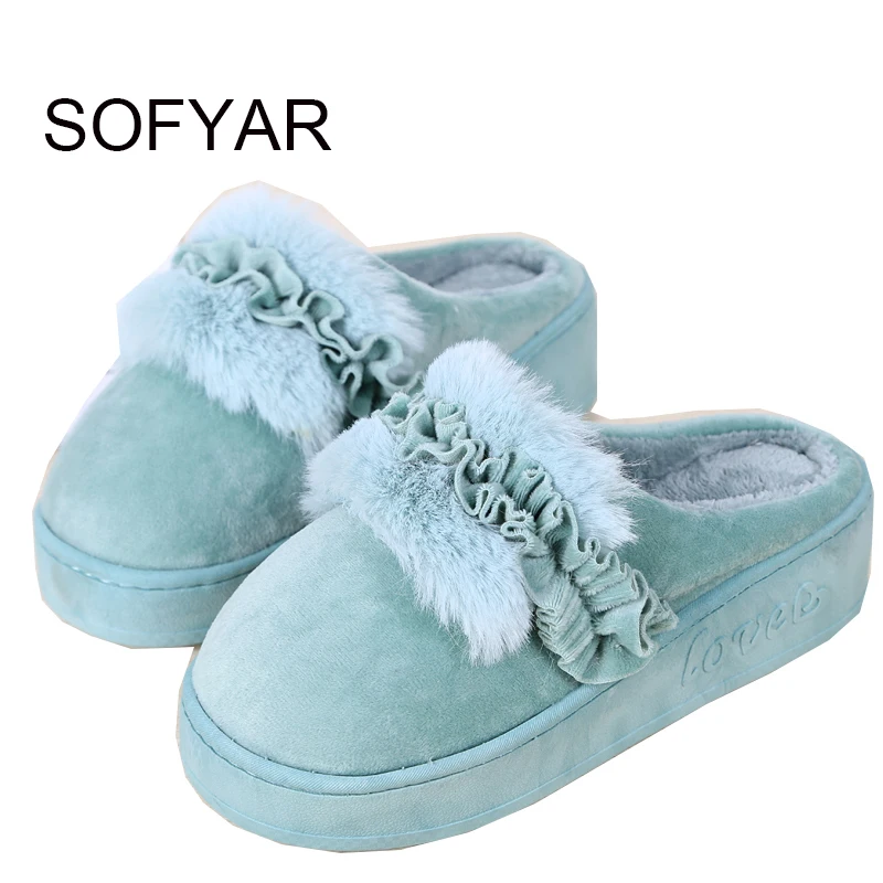 household thick cotton slippers women keep warm med heel cotton mop