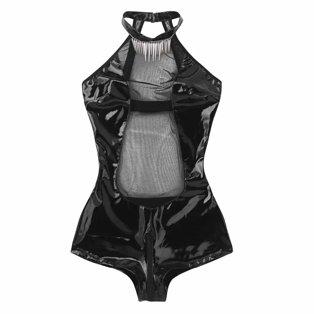 Женский купальник из кожи Wetlook с высоким вырезом боди на молнии ластовицей латекс
