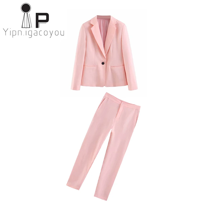 Женский офисный комплект из двух предметов, пиджак на одной пуговице, женский костюм, прямые брюки с высокой талией, розовые женские костюмы, 2 шт