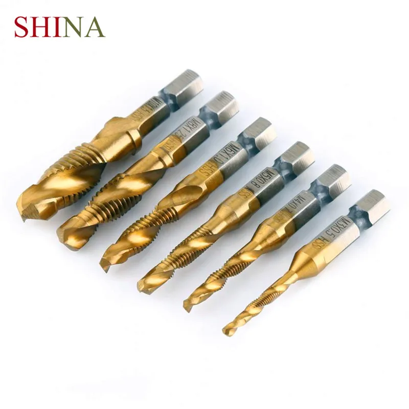 SHIN 6 piece HSS Drill Tap Drill Multifunction Integrated Taps Titanium