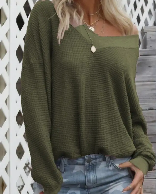 Свитер с v-образным вырезом и длинными рукавами, женский свитер для улицы, вязаный, высокая мода, однотонный, осенне-зимний джемпер - Цвет: Армейский зеленый