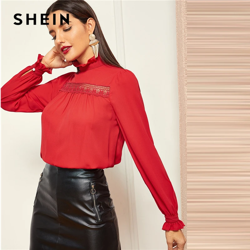 SHEIN Топ С Высоким Вырезом И Кружевными Вставками Женская Весенняя Элегантная Блузка С Длинными Рукавами