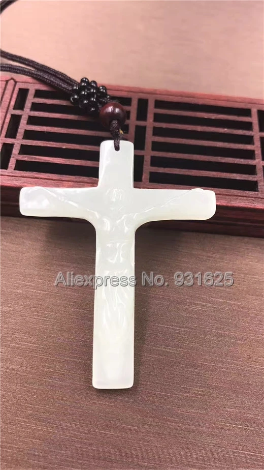 

Wonderful Natural White HeTian Yu Carved Jesus Cross Lucky Style Pendant + Rope Necklace + certificate Fashion Jewelry