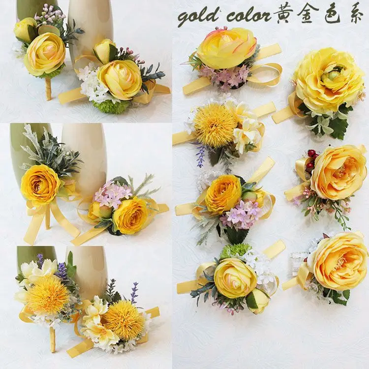 Яркие желтые Свадебные цветы для феи бутоньерка на запястье для подружки невесты выдающийся гроомман бутоньерка ZHF06