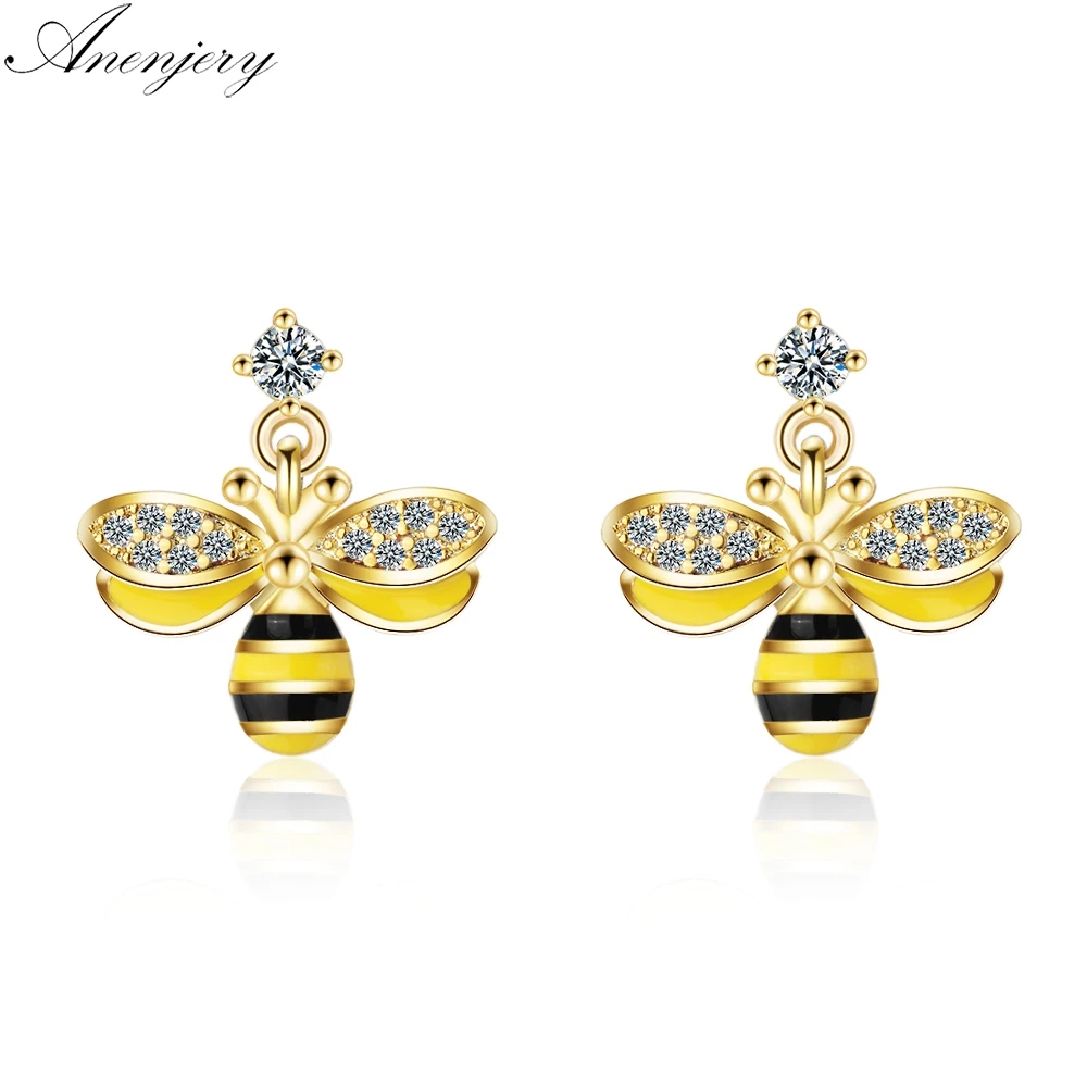 ANENJERY 925 Sterling Silver Epoxy Bee Earrings For Women Zircon oorbellen pendientes S-E766 | Украшения и аксессуары