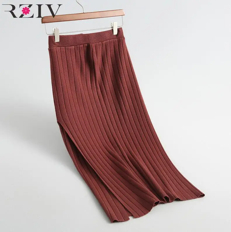RZIV осенне-зимняя женская юбка и элегантная прямая юбка с разрезом и офисная трикотажная повседневная юбка - Цвет: Коричневый