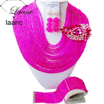 

Splendid Hot Pink Wedding Nigerian Beads 20 Layers Full Beads Necklace Set African Bridal Jewelry Set ABE1004