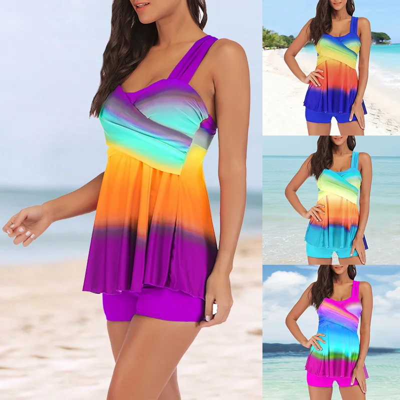 

Women Tankinis 2019 Swimwear Plus Size S-5XL Women Bikinis Mujer Colorful Tankini Mid Waist Push Up SwimSuit Beach Bikini Set