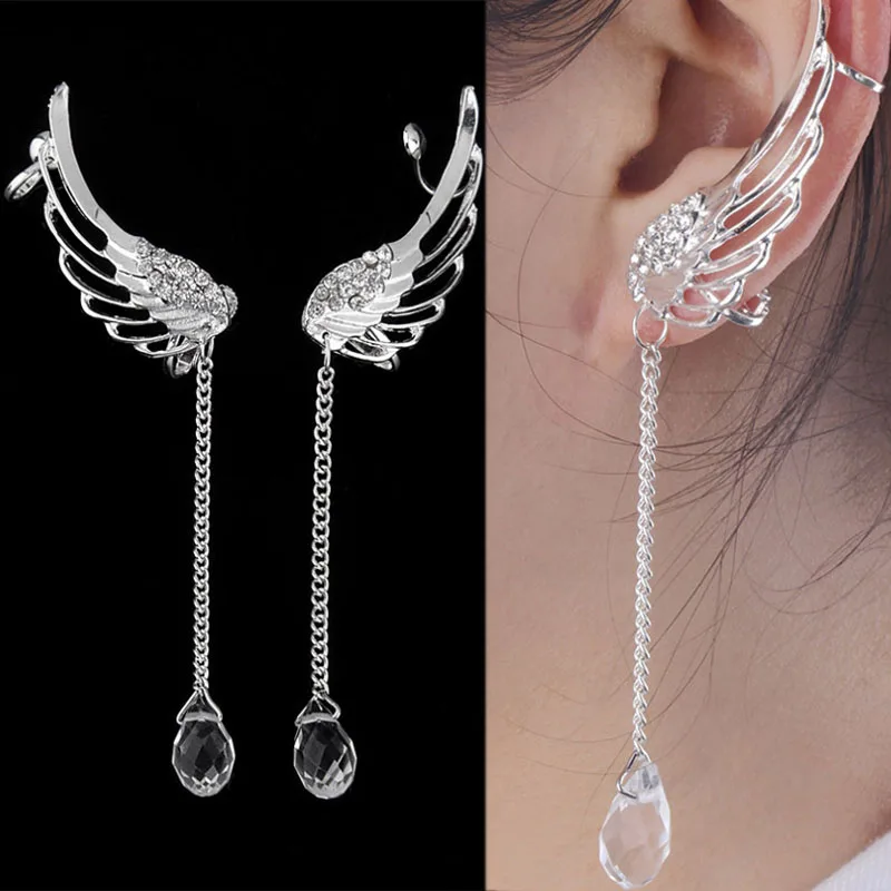

New Fashion Angel Wing Silver Plated Crystal Chain Drop Dangle Ear Stud Clip Earring as gift