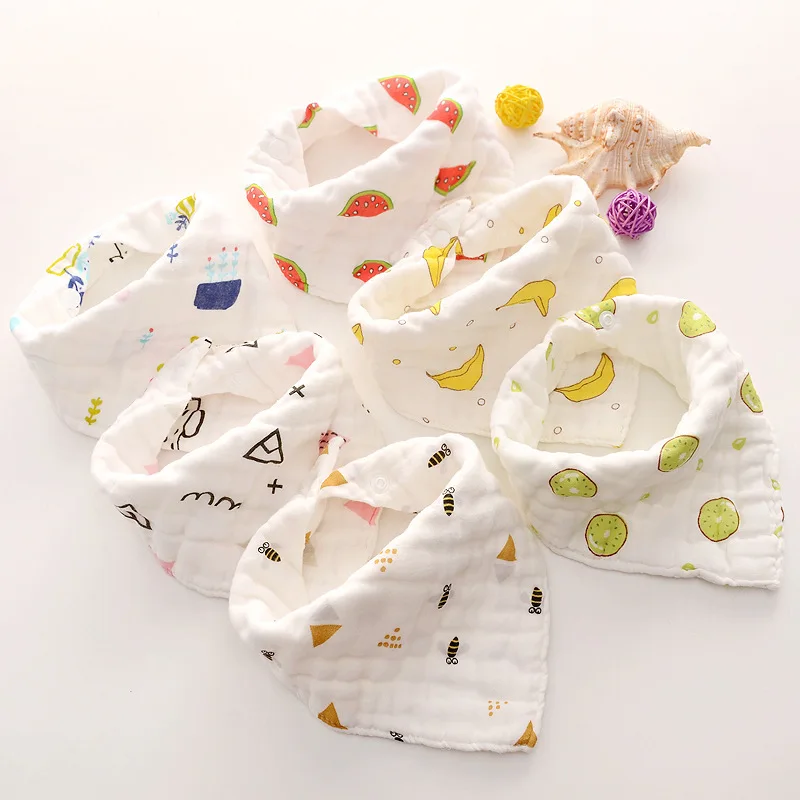 

New Baby Bibs Triangle Eight Layers Cotton Bibs Cartoon Fruit Print Saliva Towel Baby Boys Girls Feeding Apron Eating Accessory